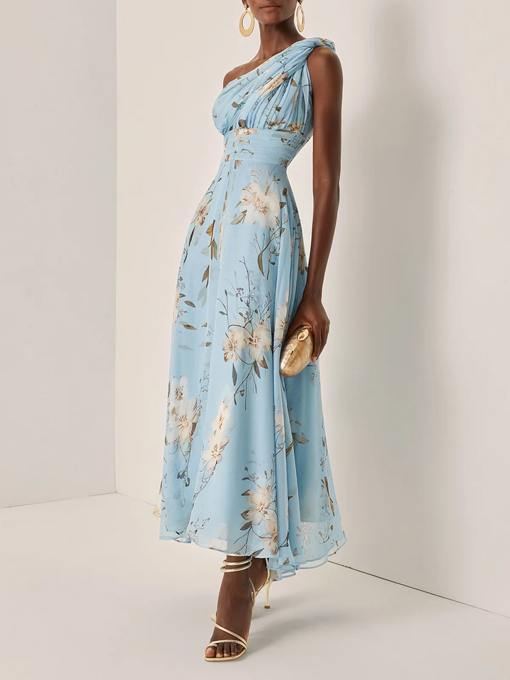 LIGHT BLUE ONE-SHOULDER PLEATED MAXI DRESS