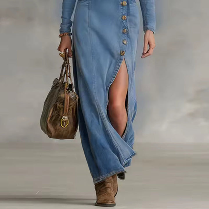 ASYMMETRICAL V-NECK DENIM MAXI DRESS