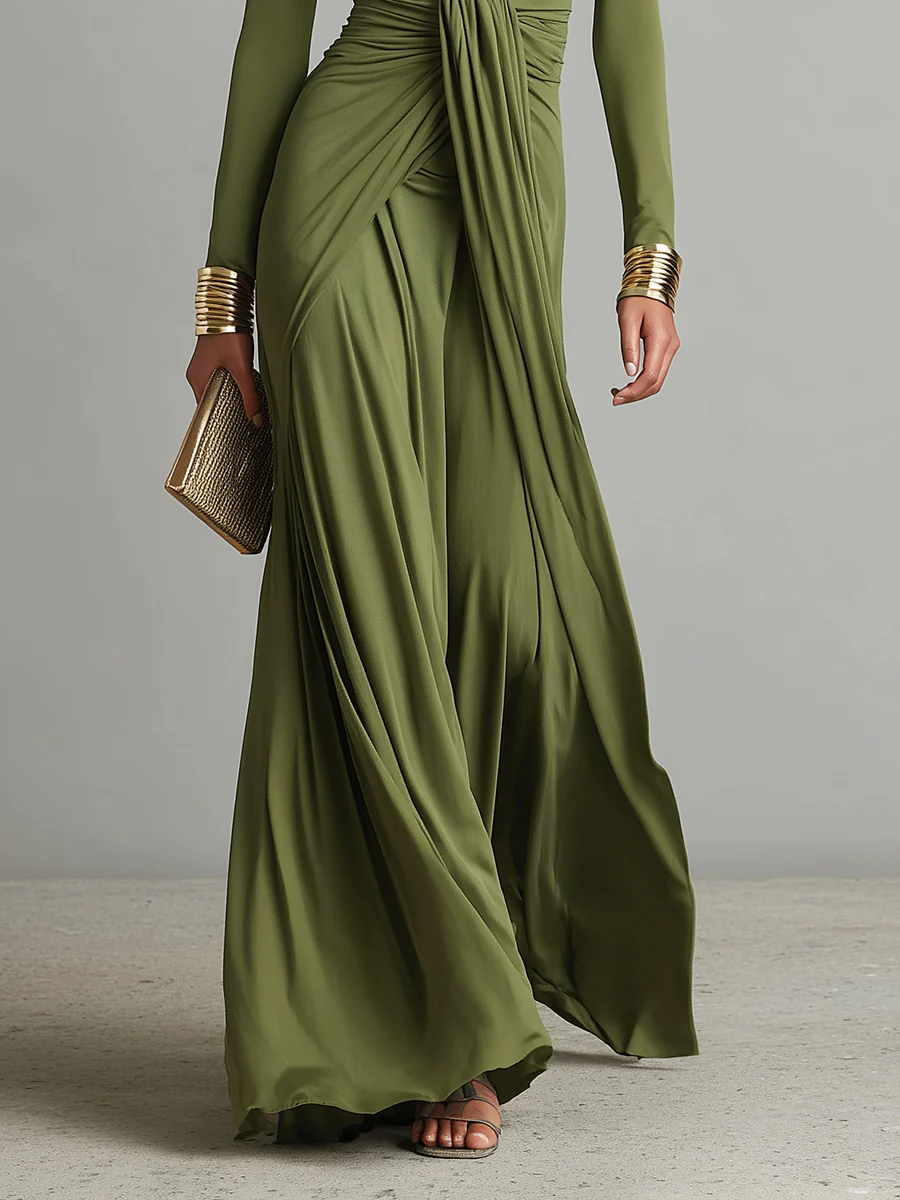 OLIVE GREEN MAXI DRESS WITH V-NECK PLEATED