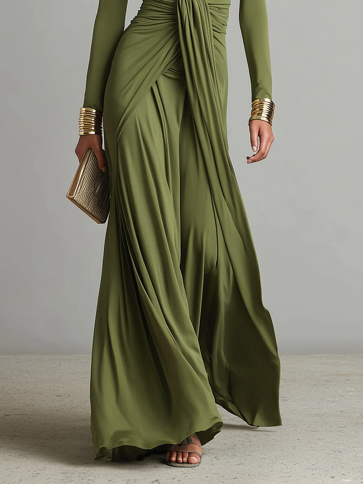 OLIVE GREEN MAXI DRESS WITH V-NECK PLEATED