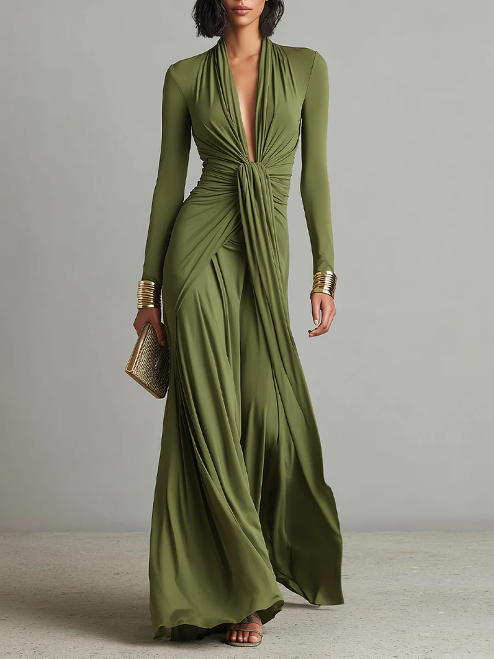 OLIVE GREEN MAXI DRESS WITH V-NECK PLEATED
