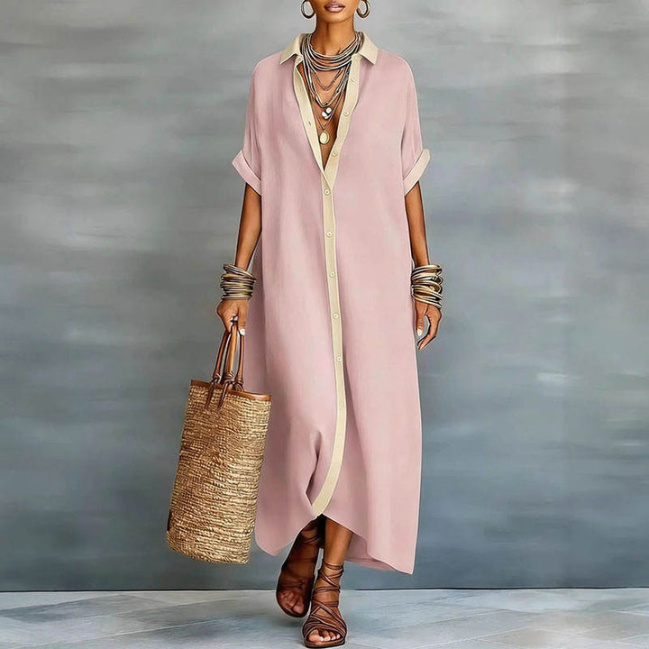 SHORT SLEEVE BUTTON-DOWN MAXI SHIRT DRESS