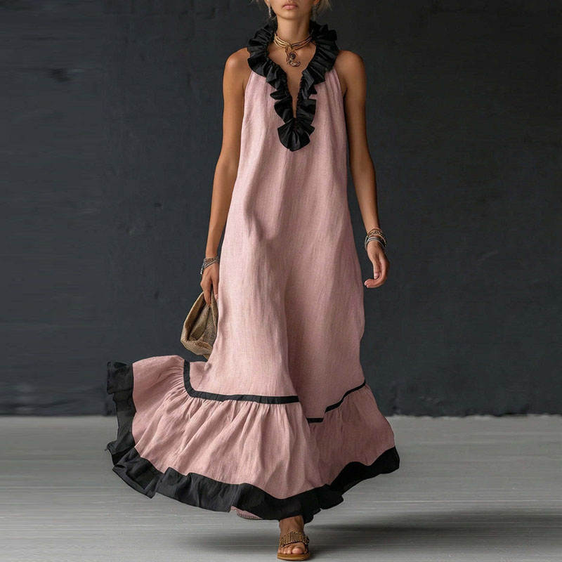 RUFFLED V-NECK MAXI DRESS