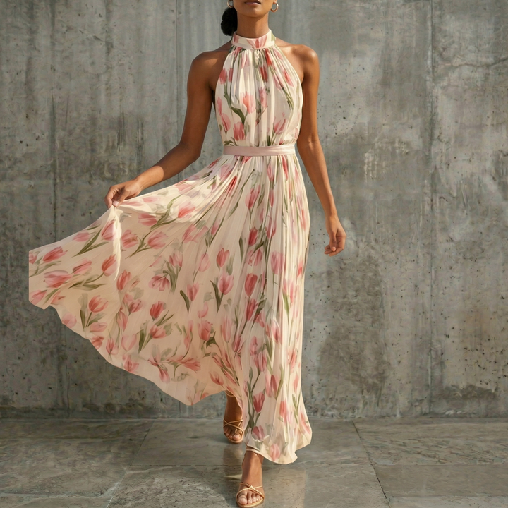 FLORAL SLEEVELESS HALTER MAXI DRESS