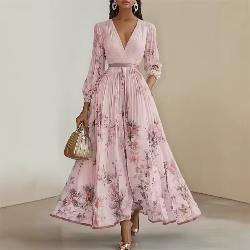 FLORAL PLEATED MAXI DRESS WITH V-NECK AND BALLOON SLEEVES