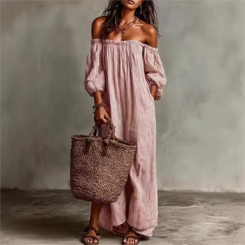 OFF-SHOULDER STRIPED MAXI DRESS