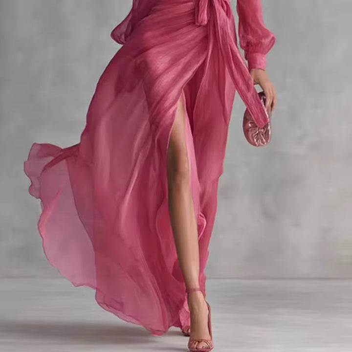 FLOWY V-NECK MAXI DRESS WITH BELT