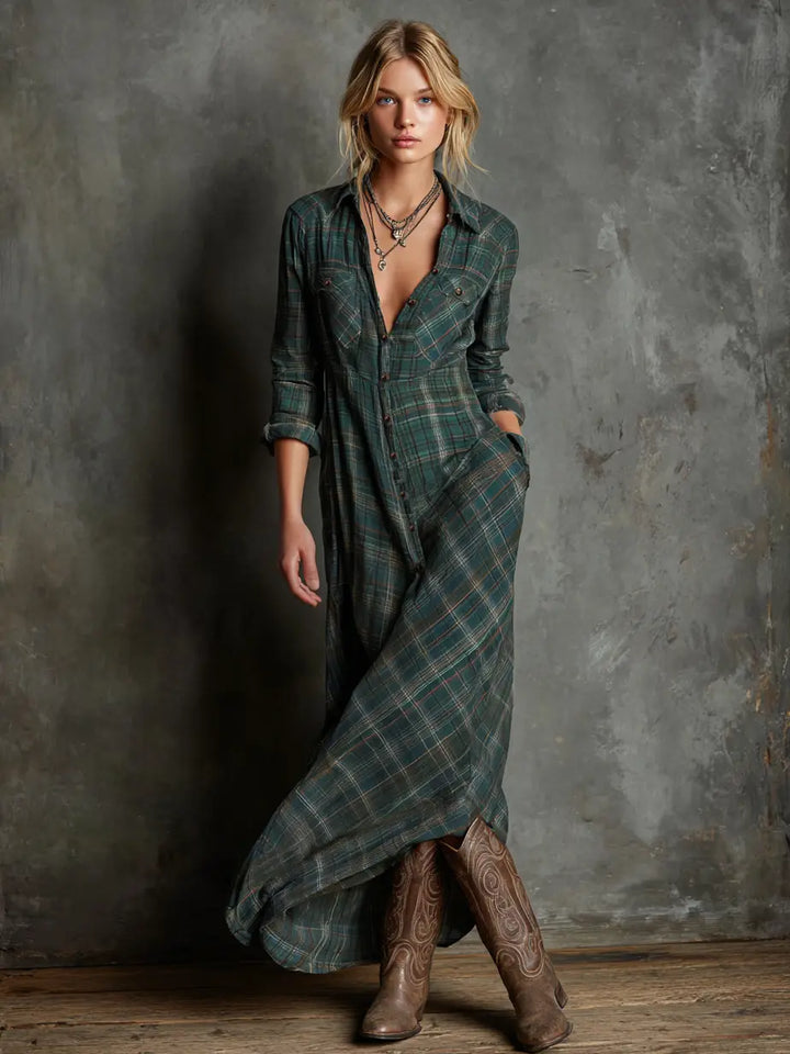 CHECKED MAXI SHIRT DRESS WITH LAPELS