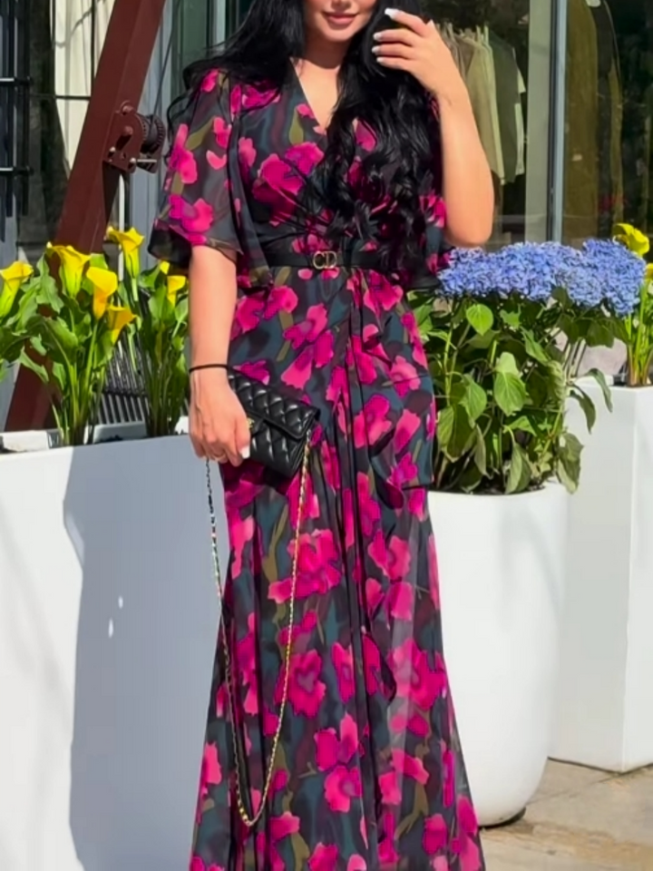 PRINTED V-NECK DRESS WITH BELL SLEEVES