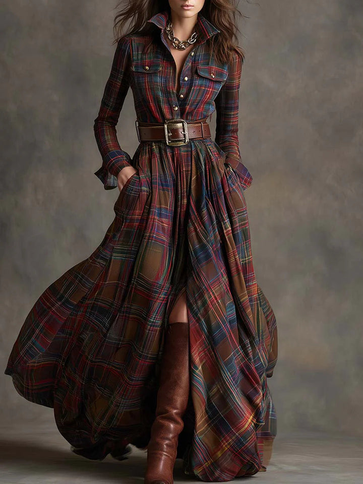 CHECKERED SHIRT DRESS WITH ADJUSTABLE BELT