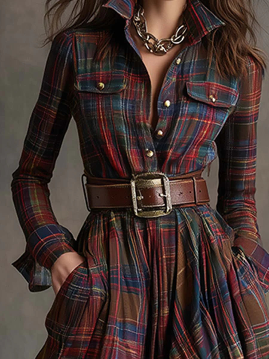 CHECKERED SHIRT DRESS WITH ADJUSTABLE BELT