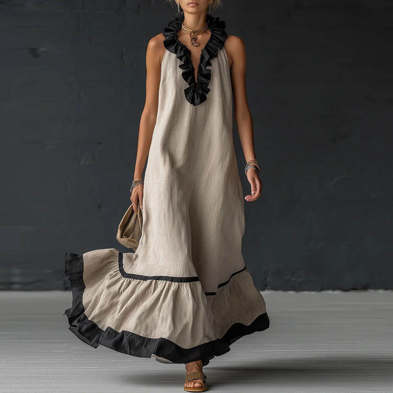 RUFFLED V-NECK MAXI DRESS