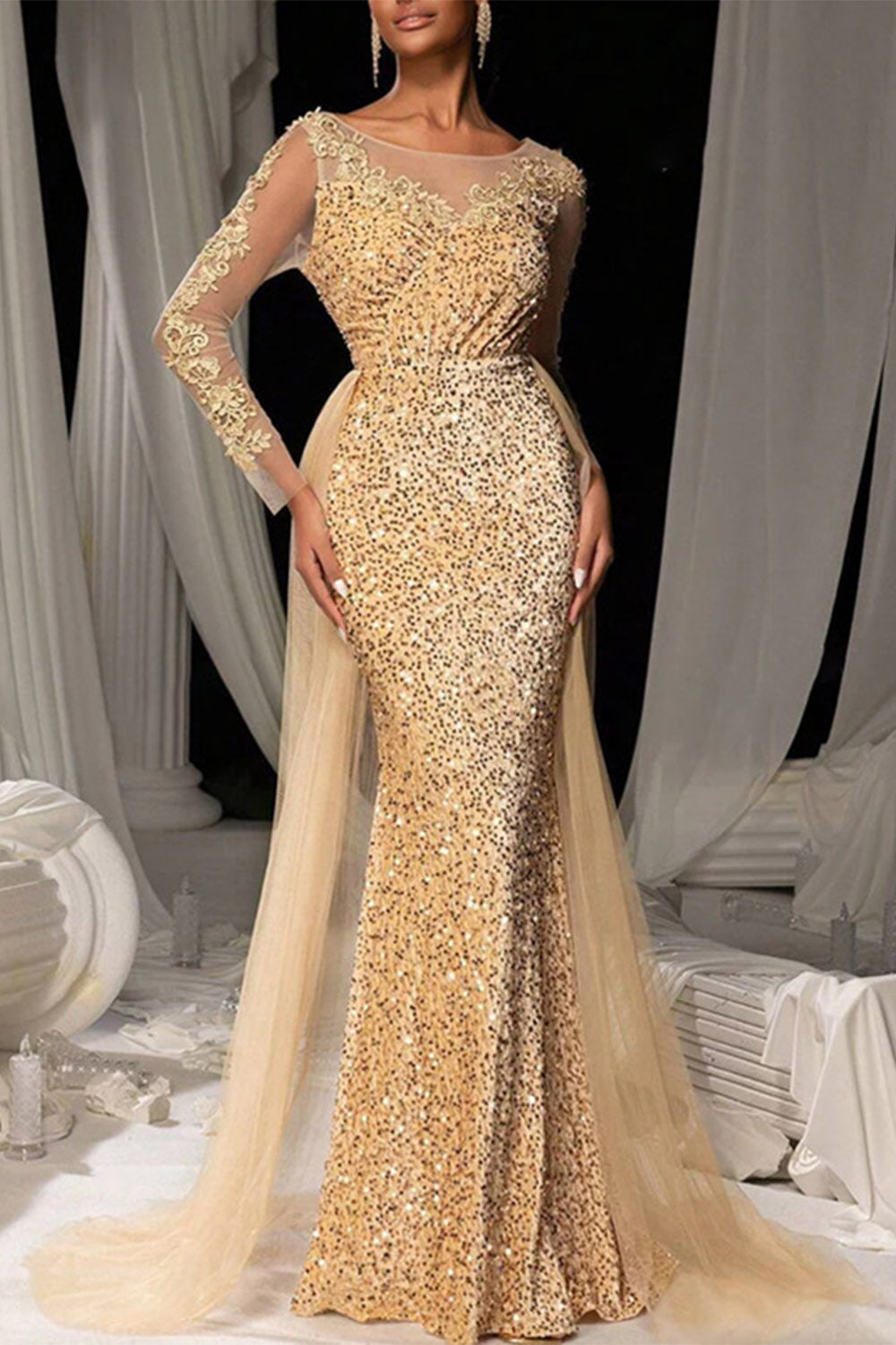 SEQUIN MAXI DRESS WITH LACE AND TULLE
