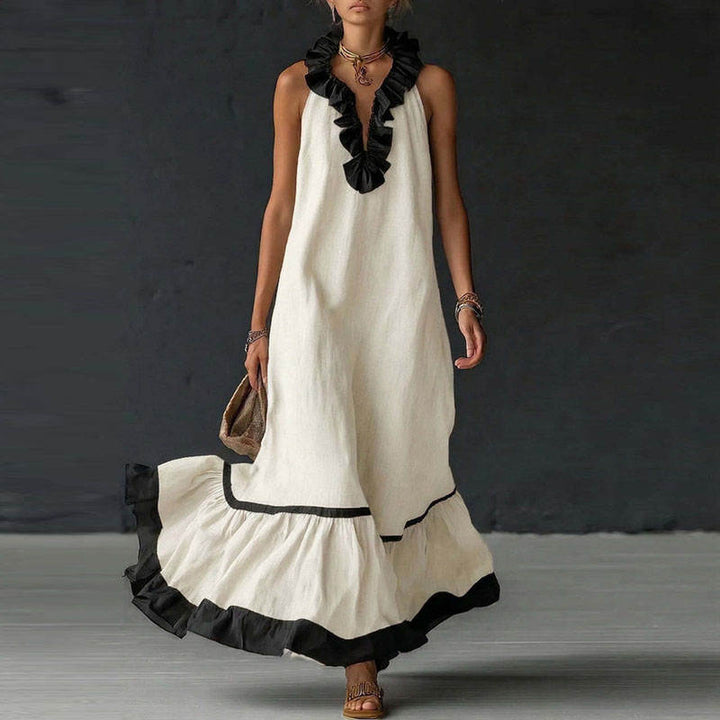 RUFFLED V-NECK MAXI DRESS