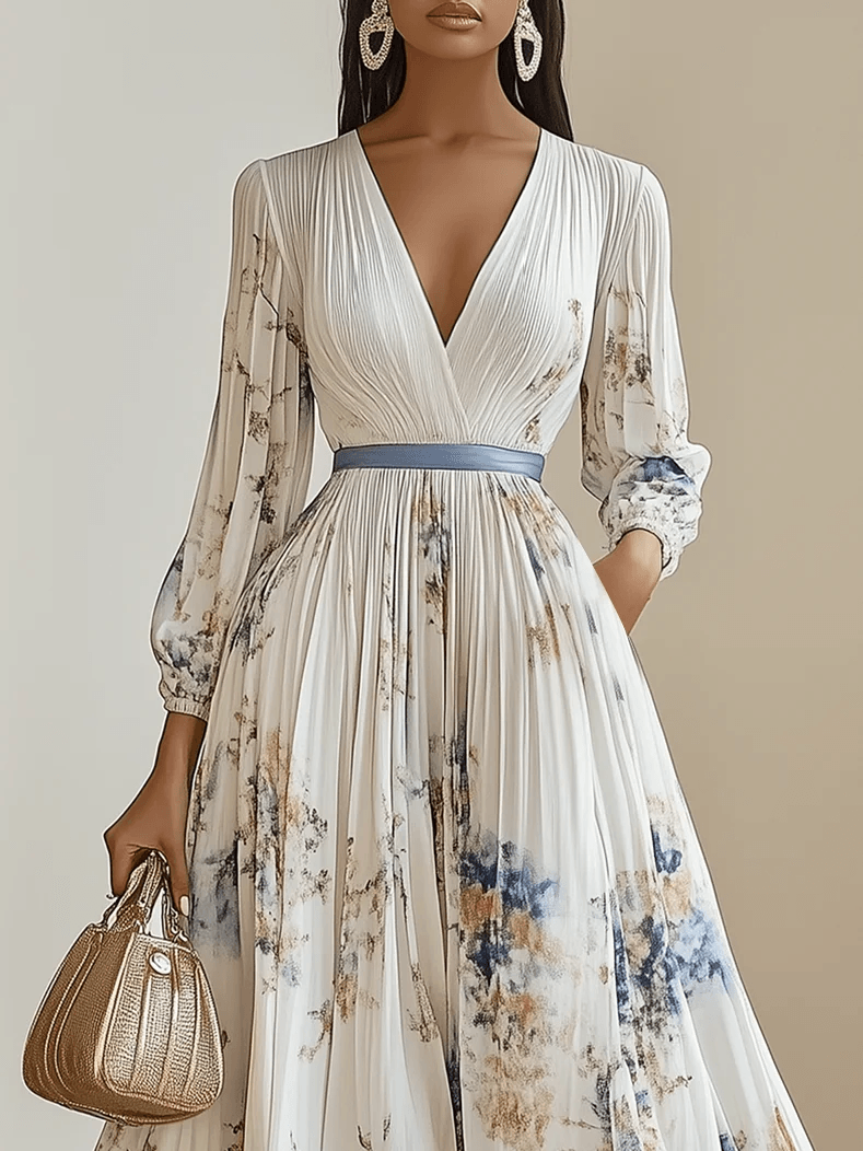 FLORAL PLEATED MAXI DRESS WITH V-NECK AND BALLOON SLEEVES