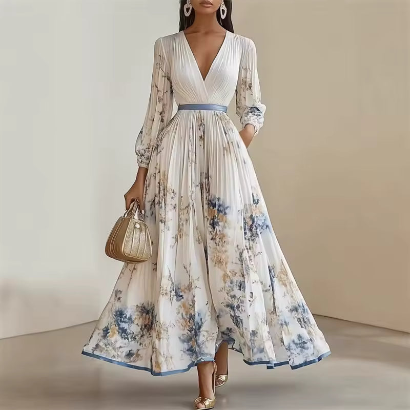 FLORAL PLEATED MAXI DRESS WITH V-NECK AND BALLOON SLEEVES