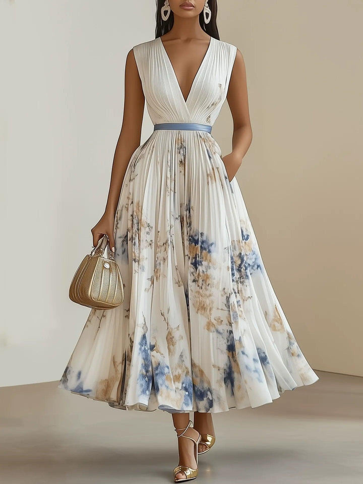 FLORAL MAXI DRESS WITH PLEATS AND V-NECK