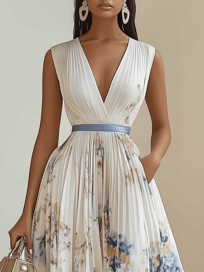 FLORAL MAXI DRESS WITH PLEATS AND V-NECK