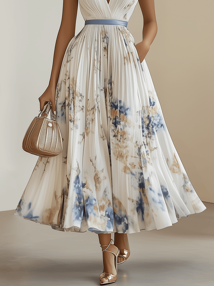 FLORAL MAXI DRESS WITH PLEATS AND V-NECK