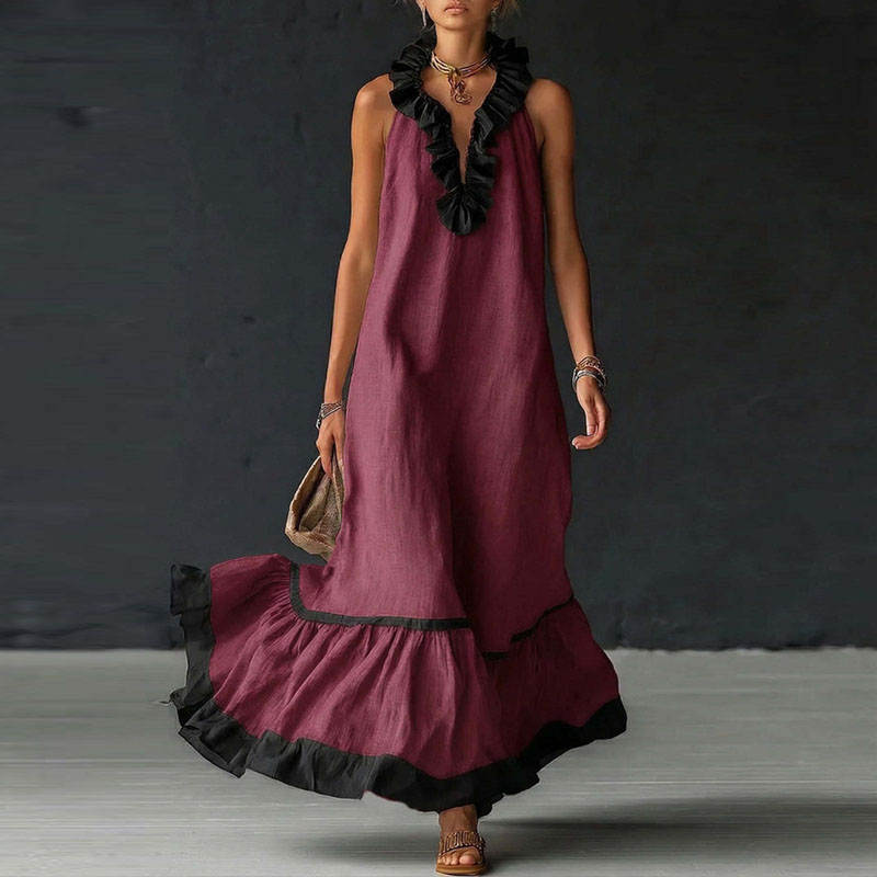 RUFFLED V-NECK MAXI DRESS